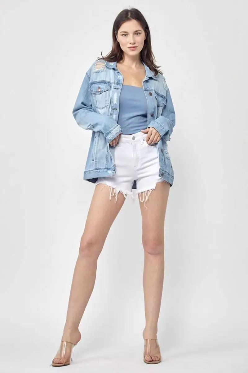 RISEN Full Size Distressed Long Sleeve Denim Jacket Plus Size - Sleekdenim.com