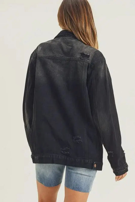 RISEN Full Size Distressed Long Sleeve Denim Jacket - Sleekdenim.com