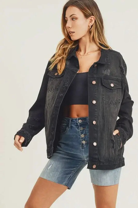 RISEN Full Size Distressed Long Sleeve Denim Jacket - Sleekdenim.com