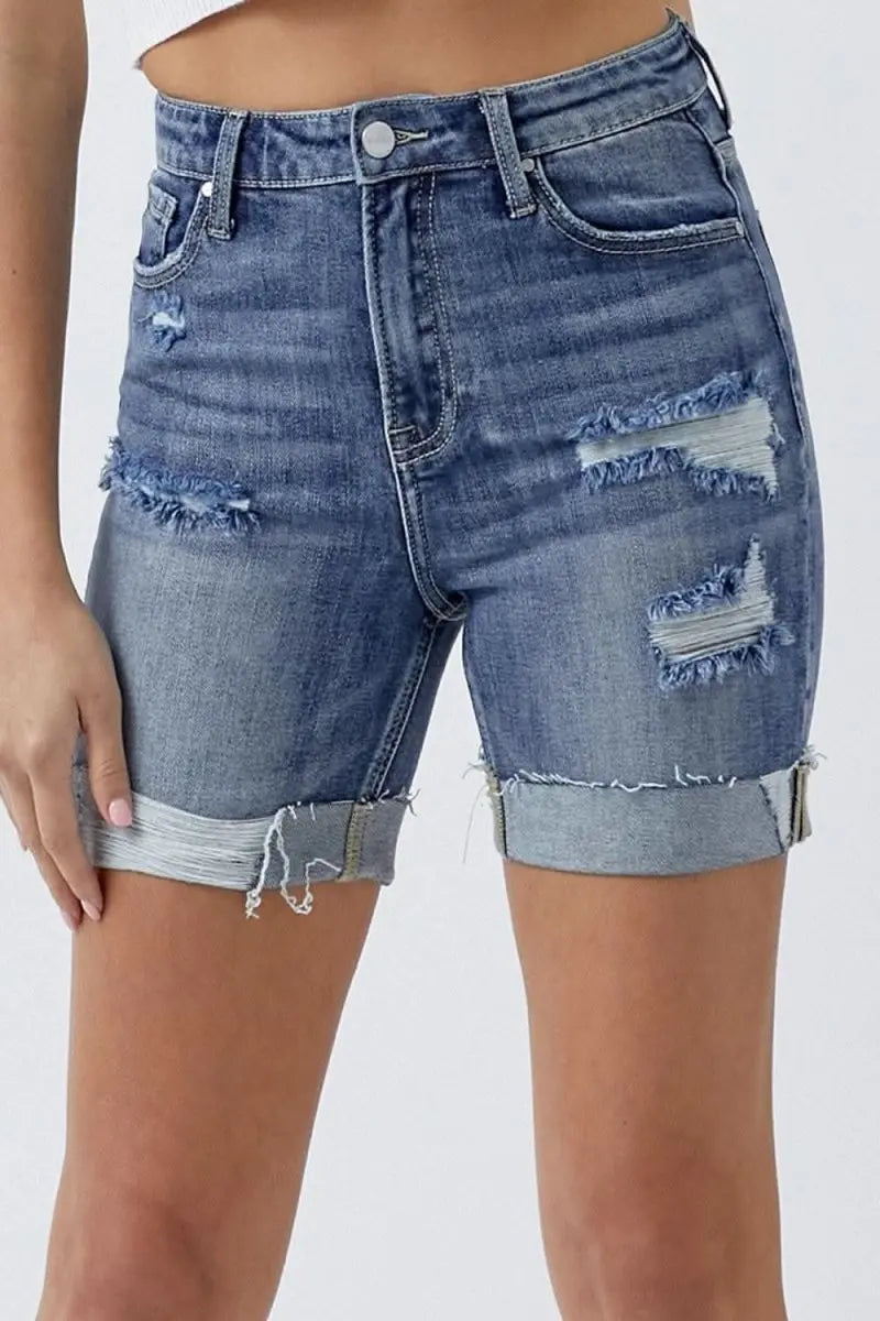 RISEN Full Size Distressed Rolled Denim Shorts with Pockets - Sleekdenim.com