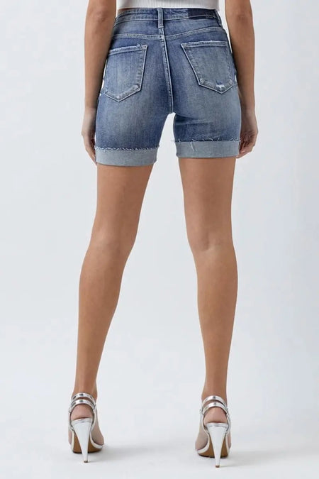 RISEN Full Size Distressed Rolled Denim Shorts with Pockets - Sleekdenim.com