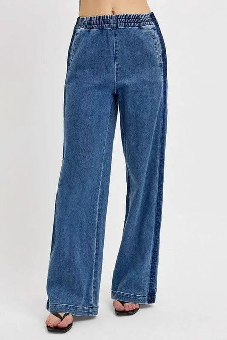 RISEN Full Size Elastic Waist Wide Leg Jeans Plus Size - Sleekdenim.com