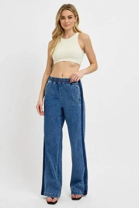 RISEN Full Size Elastic Waist Wide Leg Jeans Plus Size - Sleekdenim.com