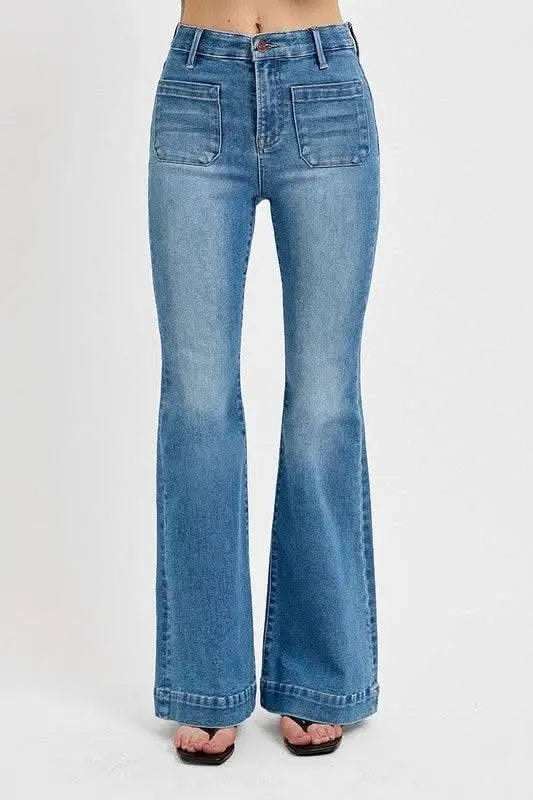 RISEN Full Size Front Patch Pocket Flare Jeans Plus Size - Sleekdenim.com