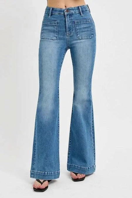 RISEN Full Size Front Patch Pocket Flare Jeans Plus Size - Sleekdenim.com