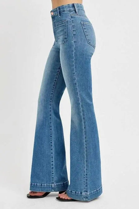 RISEN Full Size Front Patch Pocket Flare Jeans Plus Size - Sleekdenim.com