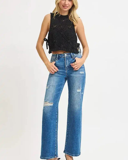 RISEN Full Size High Rise Ankle Straight Front Body Distressed Jeans Plus Size - Sleekdenim.com