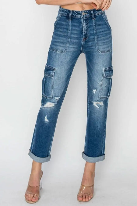 RISEN Full Size High Rise Cargo Ankle Roll Up Straight Jeans - Sleekdenim.com