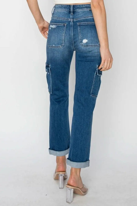 RISEN Full Size High Rise Cargo Ankle Roll Up Straight Jeans - Sleekdenim.com