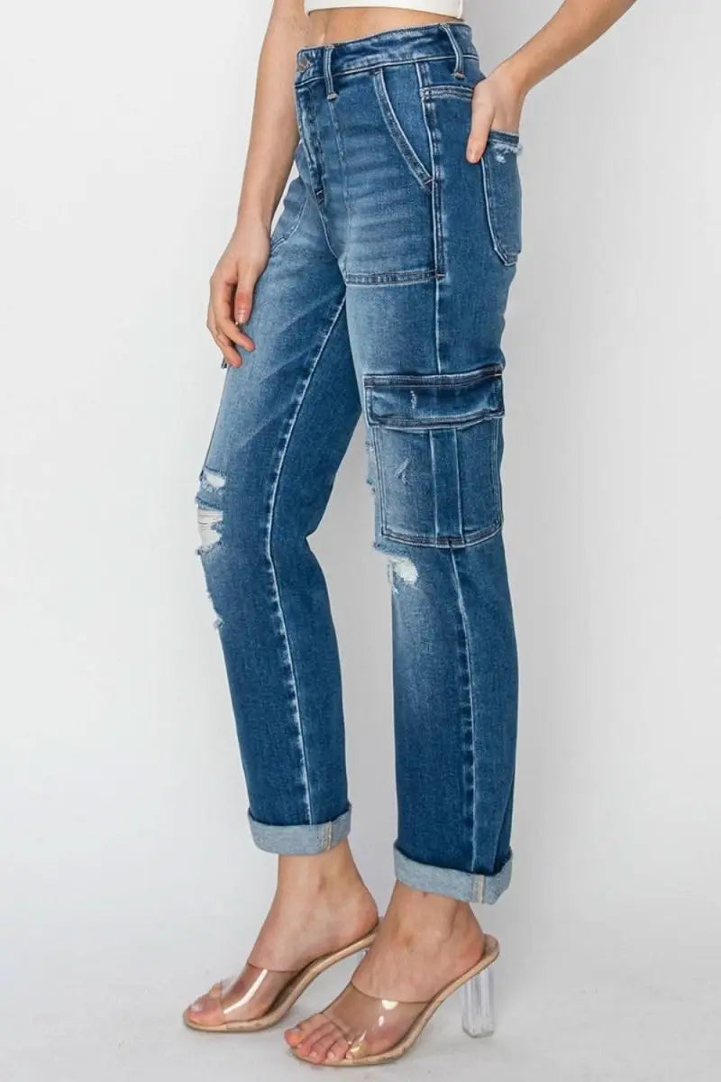 RISEN Full Size High Rise Cargo Ankle Roll Up Straight Jeans - Sleekdenim.com