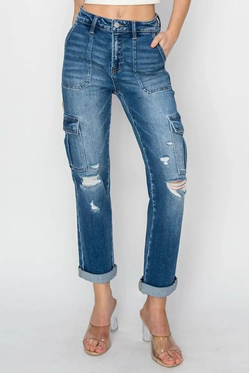 RISEN Full Size High Rise Cargo Ankle Roll Up Straight Jeans - Sleekdenim.com