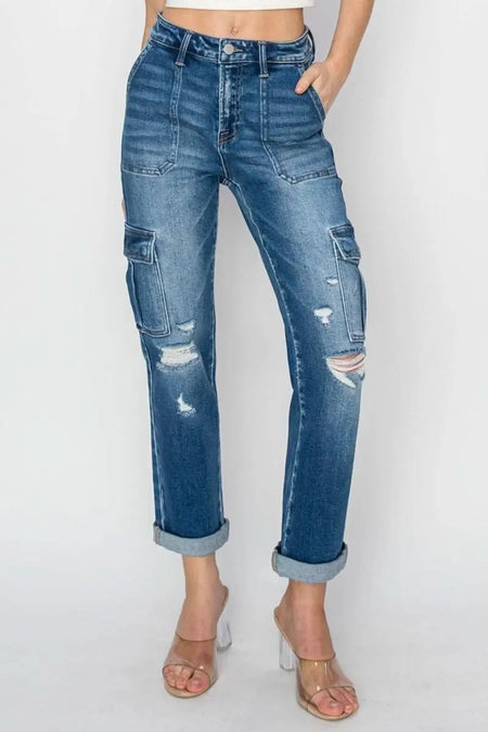 RISEN Full Size High Rise Cargo Ankle Roll Up Straight Jeans - Sleekdenim.com