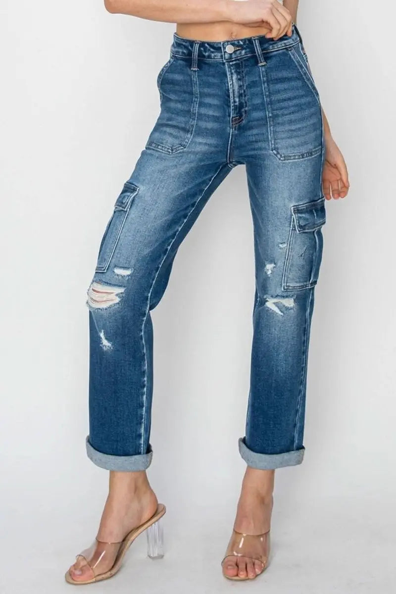 RISEN Full Size High Rise Cargo Ankle Roll Up Straight Jeans - Sleekdenim.com