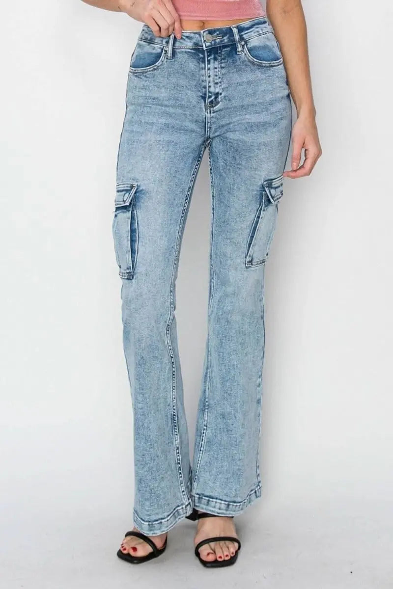 RISEN Full Size High Rise Cargo Flare Jeans - Sleekdenim.com