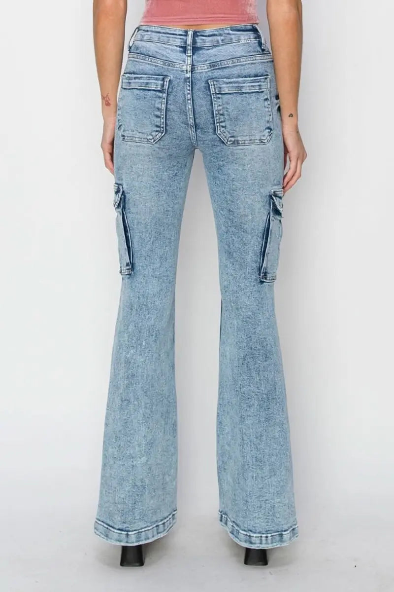 RISEN Full Size High Rise Cargo Flare Jeans - Sleekdenim.com