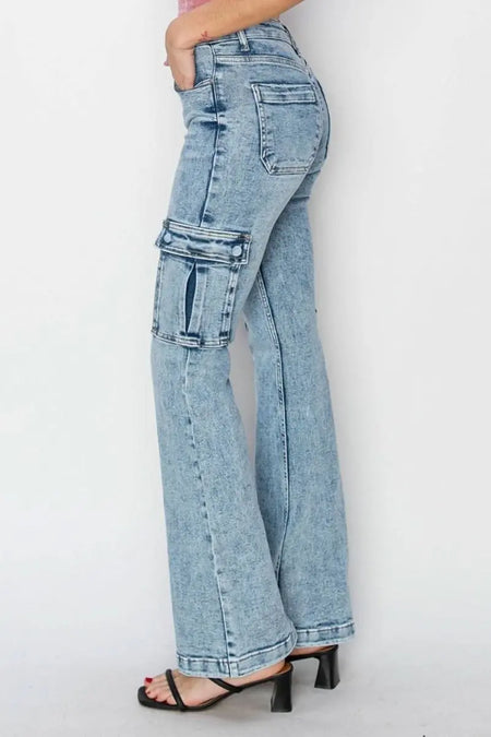 RISEN Full Size High Rise Cargo Flare Jeans - Sleekdenim.com