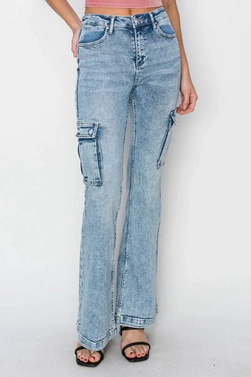 RISEN Full Size High Rise Cargo Flare Jeans - Sleekdenim.com