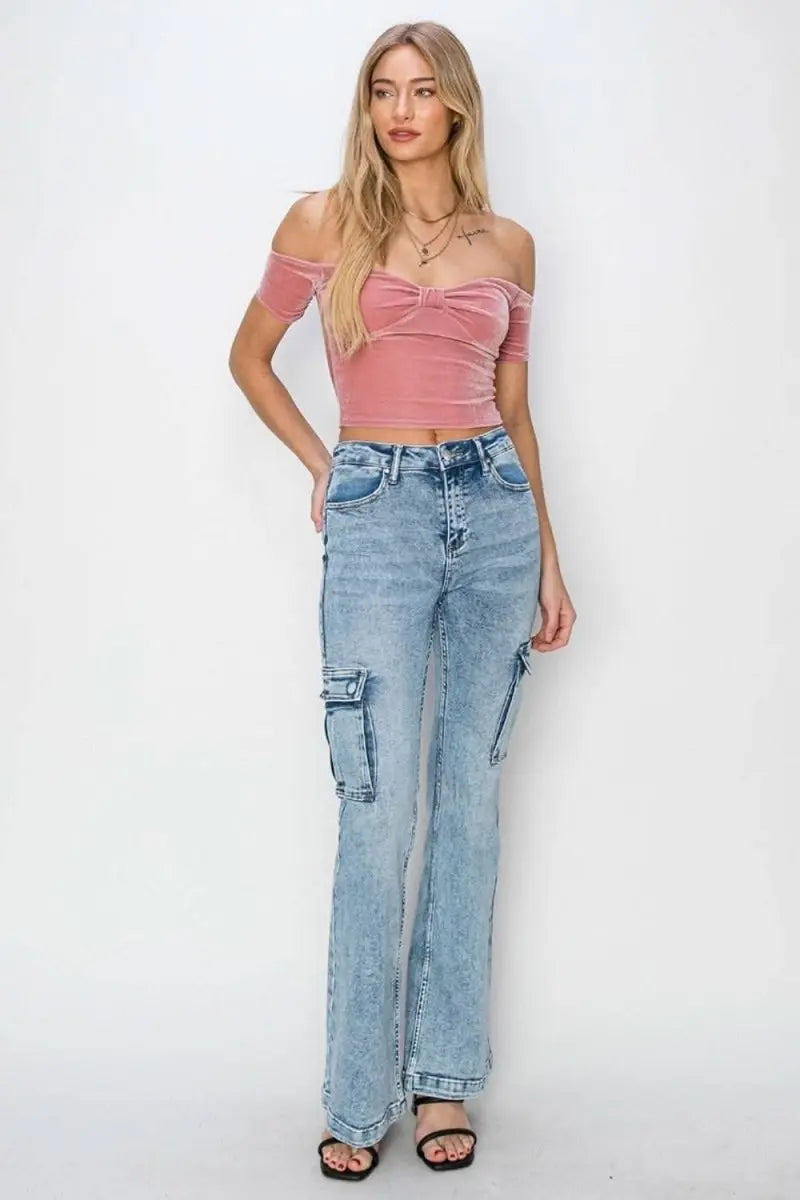 RISEN Full Size High Rise Cargo Flare Jeans - Sleekdenim.com