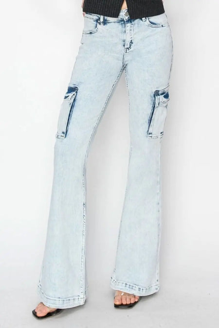 RISEN Full Size High Rise Cargo Flare Jeans - Sleekdenim.com