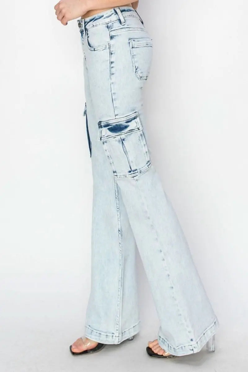 RISEN Full Size High Rise Cargo Flare Jeans - Sleekdenim.com