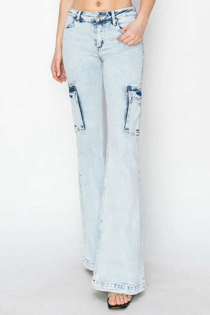 RISEN Full Size High Rise Cargo Flare Jeans - Sleekdenim.com