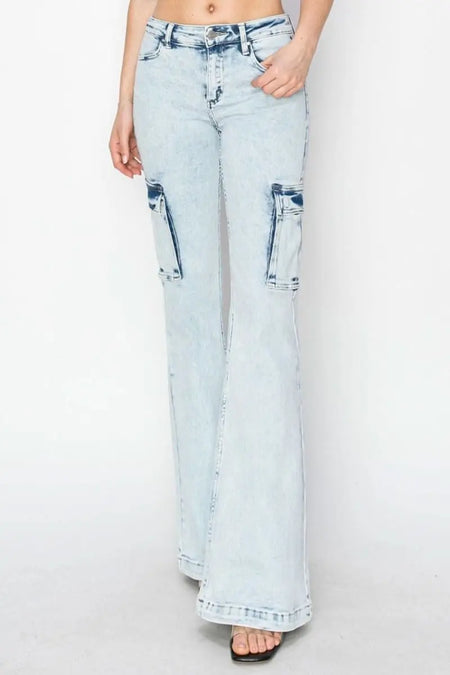 RISEN Full Size High Rise Cargo Flare Jeans - Sleekdenim.com