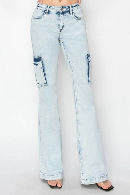 RISEN Full Size High Rise Cargo Flare Jeans - Sleekdenim.com