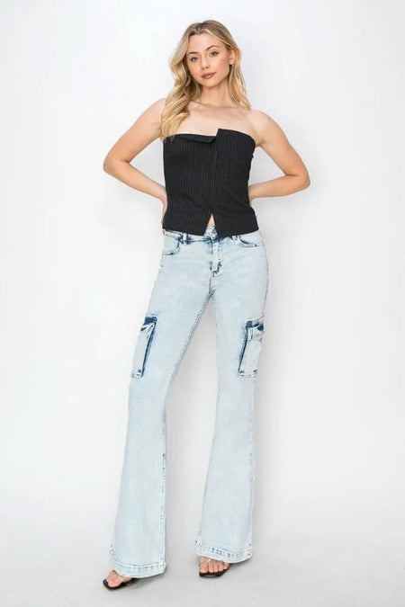 RISEN Full Size High Rise Cargo Flare Jeans - Sleekdenim.com