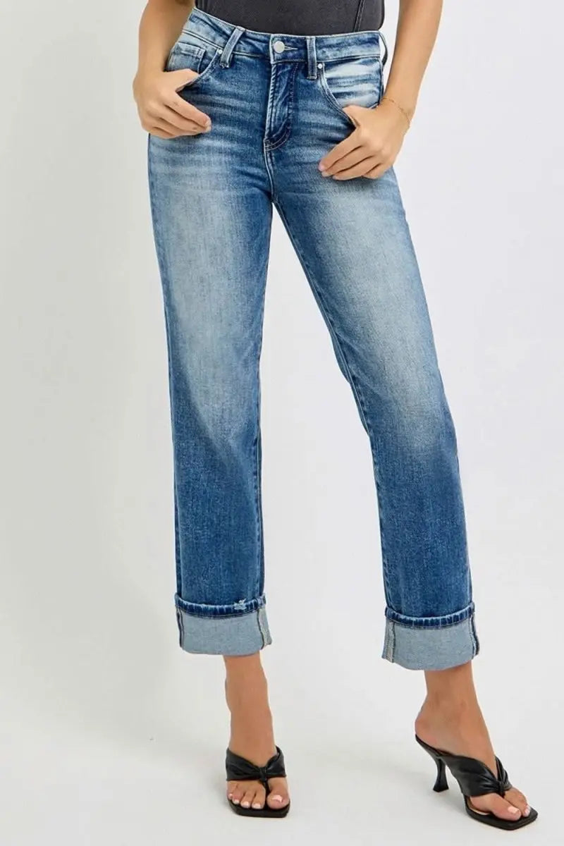 RISEN Full Size High Rise Crop Straight Roll Up Jeans - Sleekdenim.com