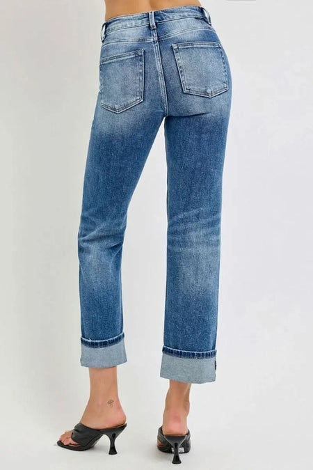 RISEN Full Size High Rise Crop Straight Roll Up Jeans - Sleekdenim.com