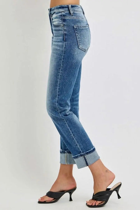 RISEN Full Size High Rise Crop Straight Roll Up Jeans - Sleekdenim.com