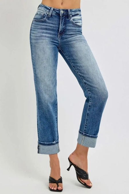 RISEN Full Size High Rise Crop Straight Roll Up Jeans - Sleekdenim.com