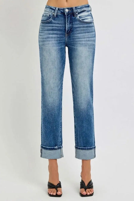 RISEN Full Size High Rise Crop Straight Roll Up Jeans - Sleekdenim.com