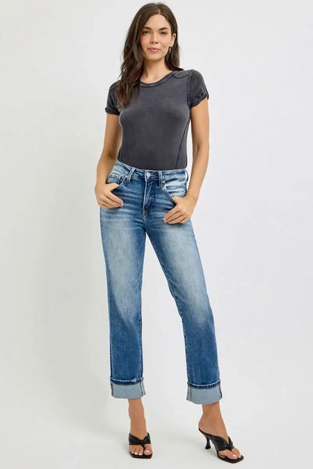 RISEN Full Size High Rise Crop Straight Roll Up Jeans - Sleekdenim.com