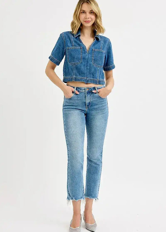 RISEN Full Size High Rise Crop Straight Slim Jeans Plus Size - Sleekdenim.com
