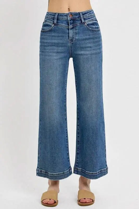 RISEN Full Size High Rise Crop Wide Leg Front Yoke Detail Jeans Plus Size - Sleekdenim.com