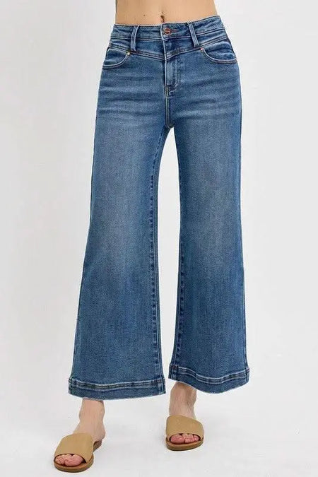 RISEN Full Size High Rise Crop Wide Leg Front Yoke Detail Jeans Plus Size - Sleekdenim.com