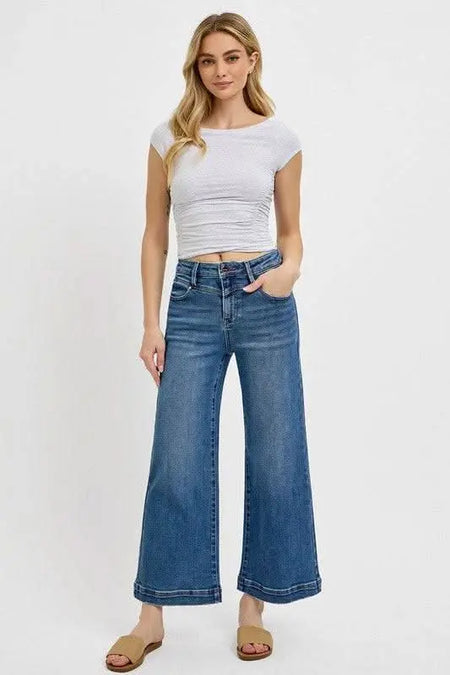 RISEN Full Size High Rise Crop Wide Leg Front Yoke Detail Jeans Plus Size - Sleekdenim.com