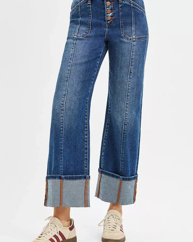 RISEN Full Size High Rise Crop Wide Straight Cuffed Jeans Plus Size - Sleekdenim.com