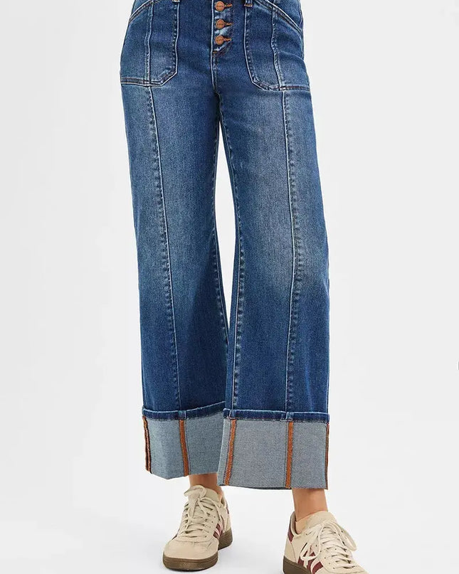 RISEN Full Size High Rise Crop Wide Straight Cuffed Jeans Plus Size - Sleekdenim.com