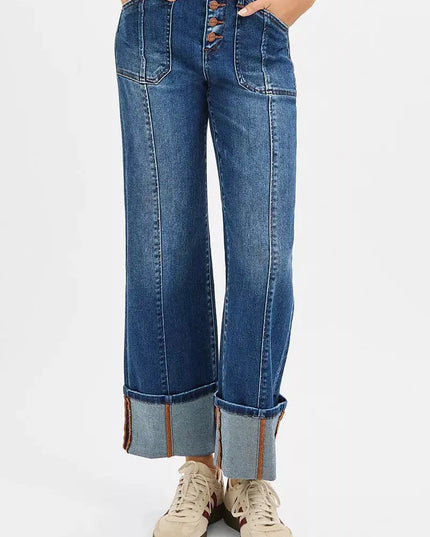 RISEN Full Size High Rise Crop Wide Straight Cuffed Jeans Plus Size - Sleekdenim.com