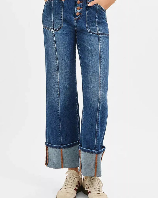 RISEN Full Size High Rise Crop Wide Straight Cuffed Jeans Plus Size - Sleekdenim.com