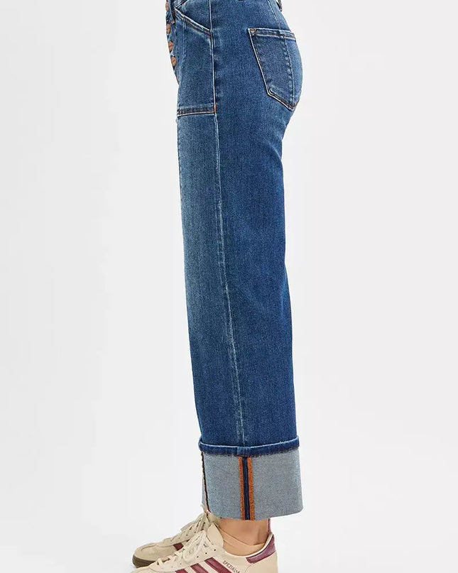 RISEN Full Size High Rise Crop Wide Straight Cuffed Jeans Plus Size - Sleekdenim.com