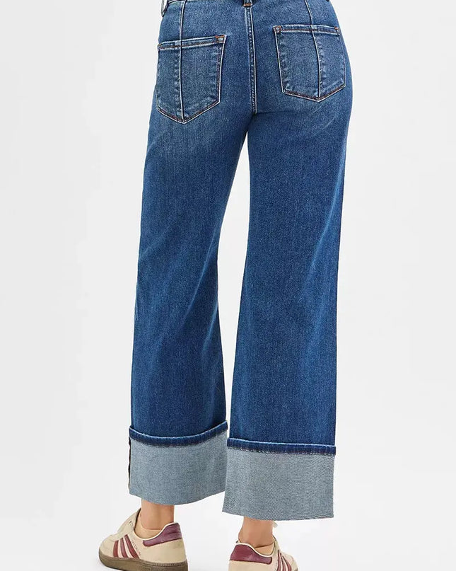 RISEN Full Size High Rise Crop Wide Straight Cuffed Jeans Plus Size - Sleekdenim.com