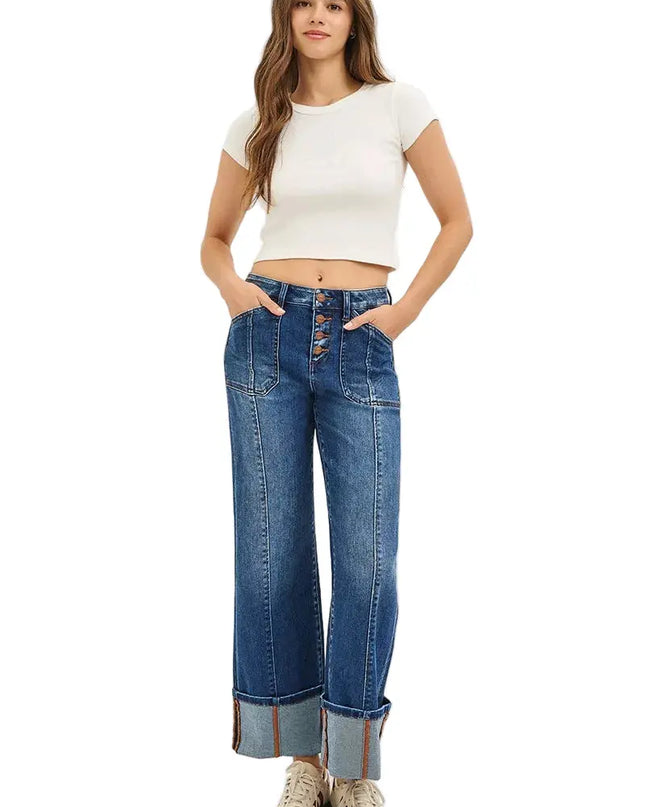 RISEN Full Size High Rise Crop Wide Straight Cuffed Jeans Plus Size - Sleekdenim.com