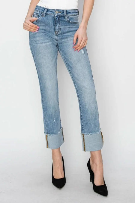 RISEN Full Size High Rise Cuffed Slim Straight Jeans - Sleekdenim.com