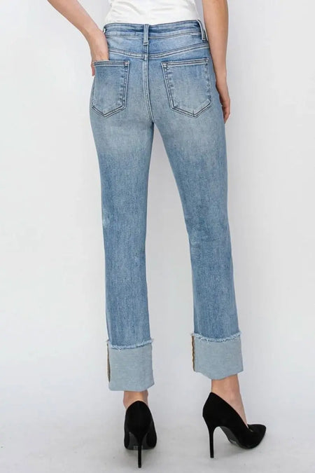 RISEN Full Size High Rise Cuffed Slim Straight Jeans - Sleekdenim.com