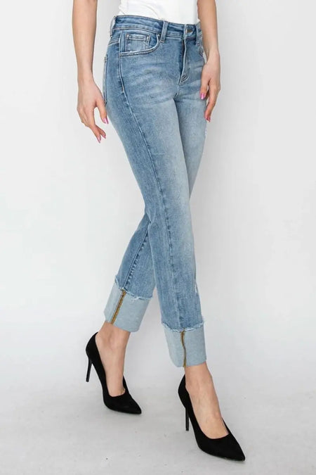 RISEN Full Size High Rise Cuffed Slim Straight Jeans - Sleekdenim.com