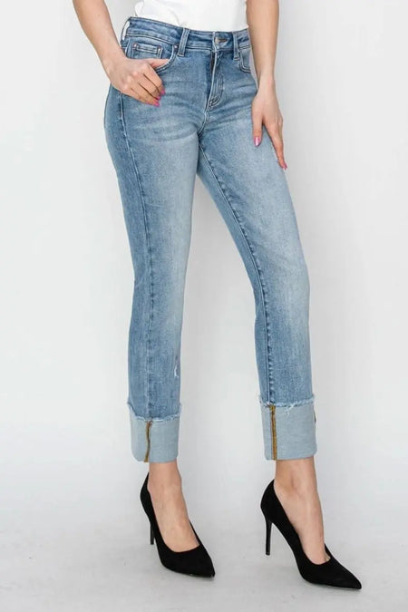 RISEN Full Size High Rise Cuffed Slim Straight Jeans - Sleekdenim.com