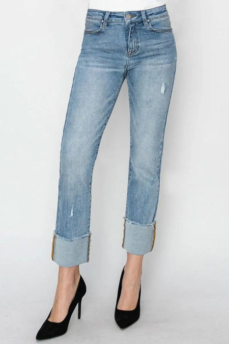 RISEN Full Size High Rise Cuffed Slim Straight Jeans - Sleekdenim.com